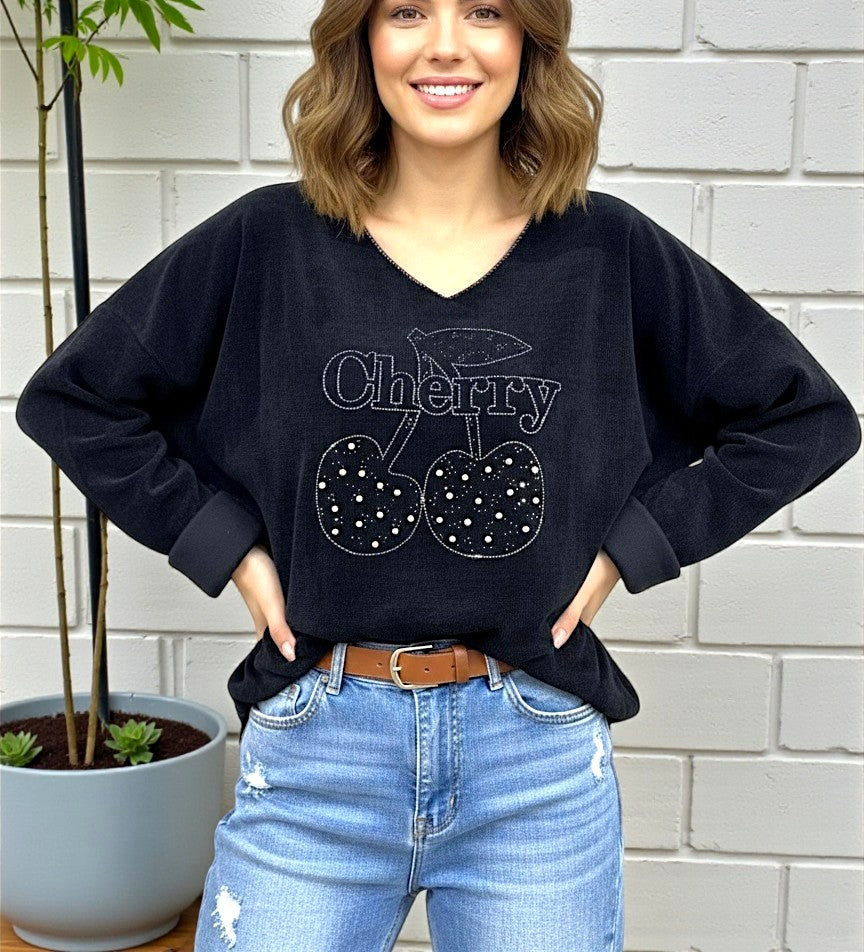 🍒 Feincord-Sweatshirt mit Cherry-Motiv 🍒