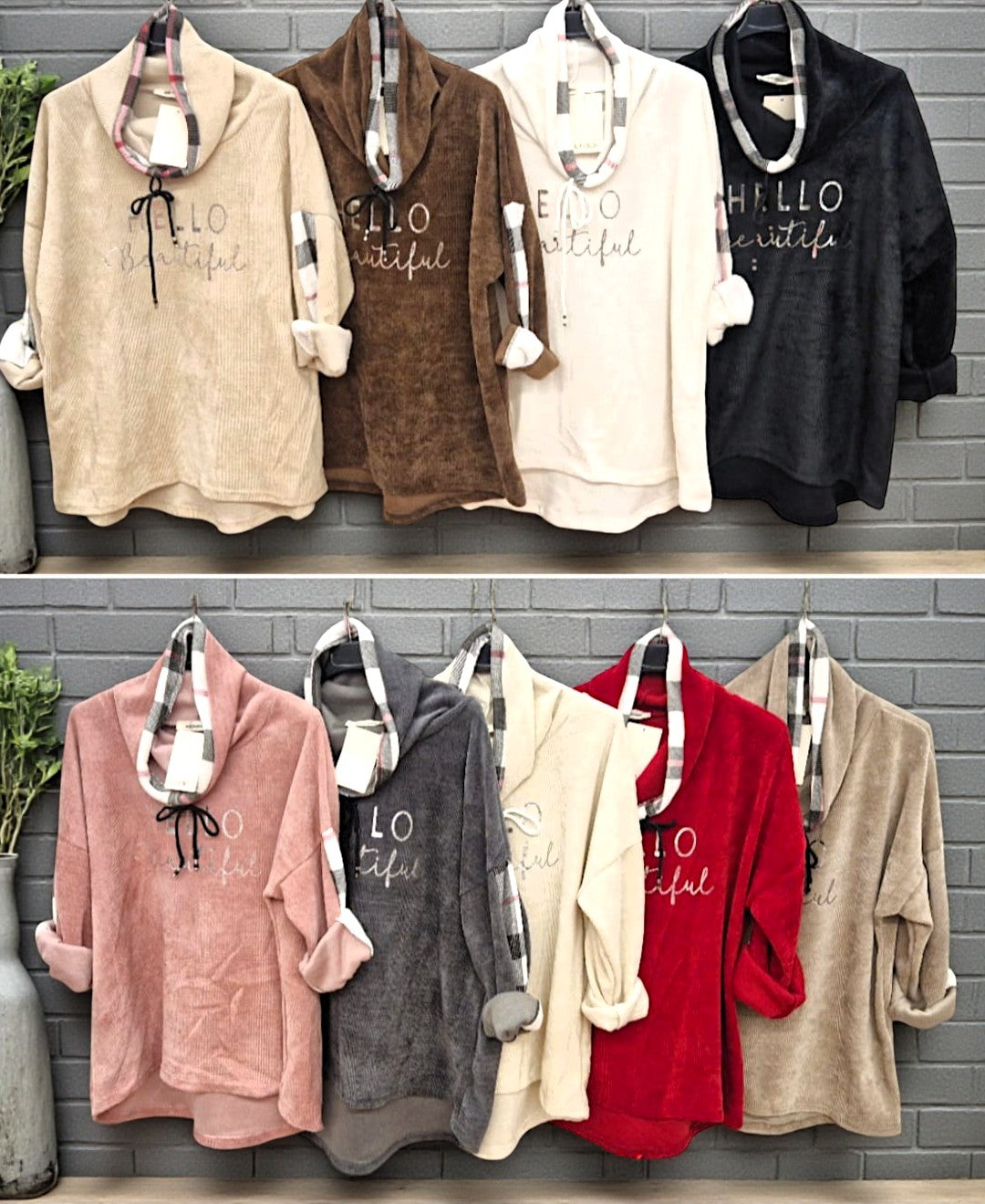 💕 Hello Beautiful – Damen Fleece-Pullover mit Karokragen | Gr. 36–42