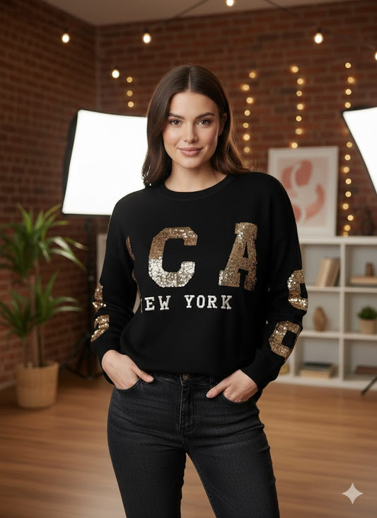 💫 Strickpullover „CHICAGO“ mit goldenen Pailletten 🖤🤍🥂 Erhältlich in 3 Farben | Bis Größe 46