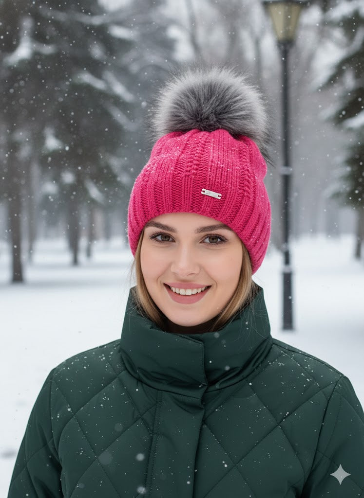 ✨ Strick-Wintermütze mit XXL-Fellbommel – in 2 Farben ✨