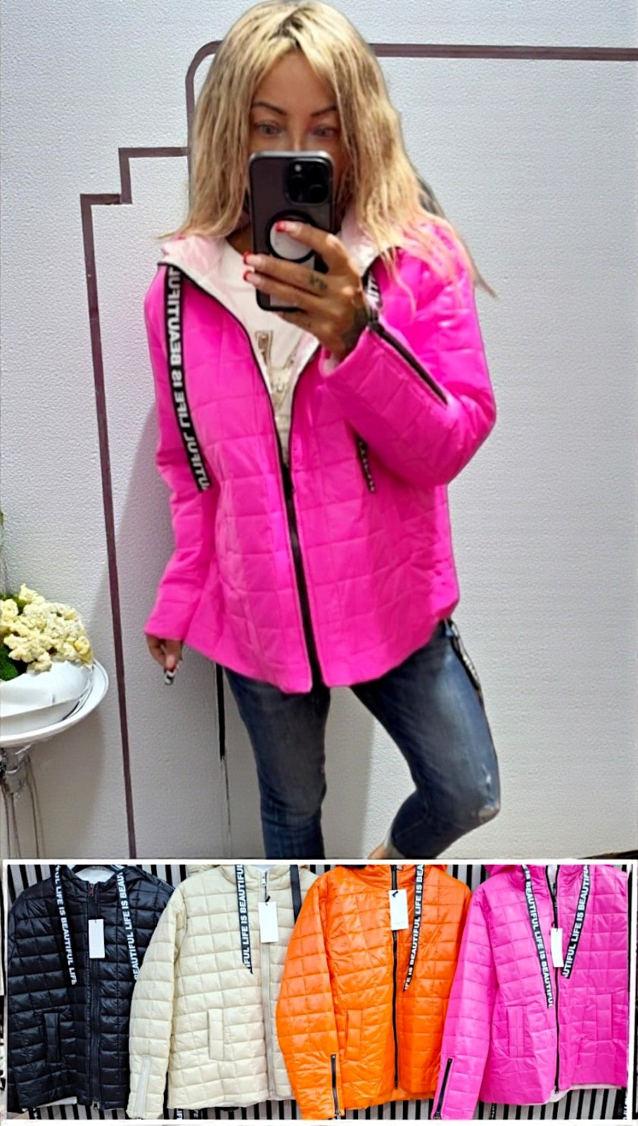 Damen Leicht-Steppjacke mit Kapuze, Schriftzug-Zipper & Reißverschlusstaschen – in 4 Farben