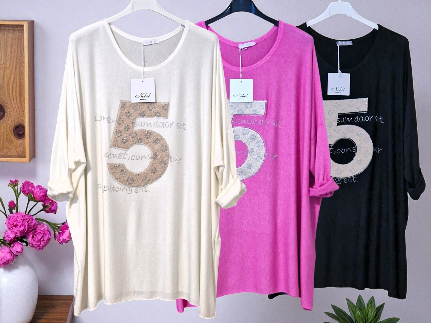 ✨ Feinstrick-Pullover mit Glitzer-Print „5“ – Gr. 52–56 – in 3 Farben ✨